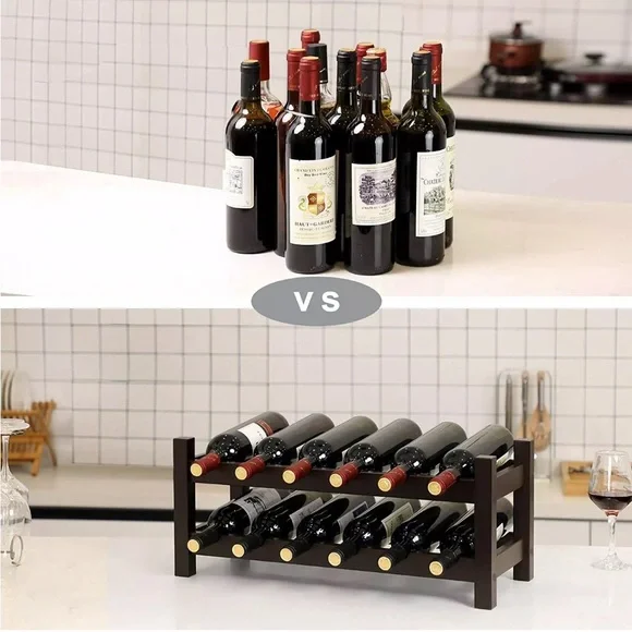 VASAGLE 12-Wooden Wine Rack, 2-Tier Tabletop Bottles Storage Shelf, Espresso